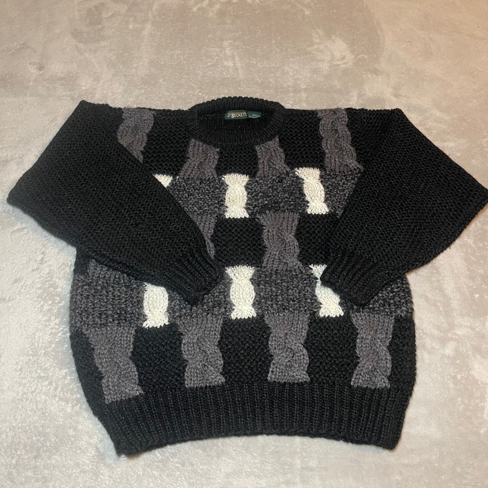 Vintage 90s JT Beckett Mens Large Black Geometric Chunky Knit Acrylic Sweater